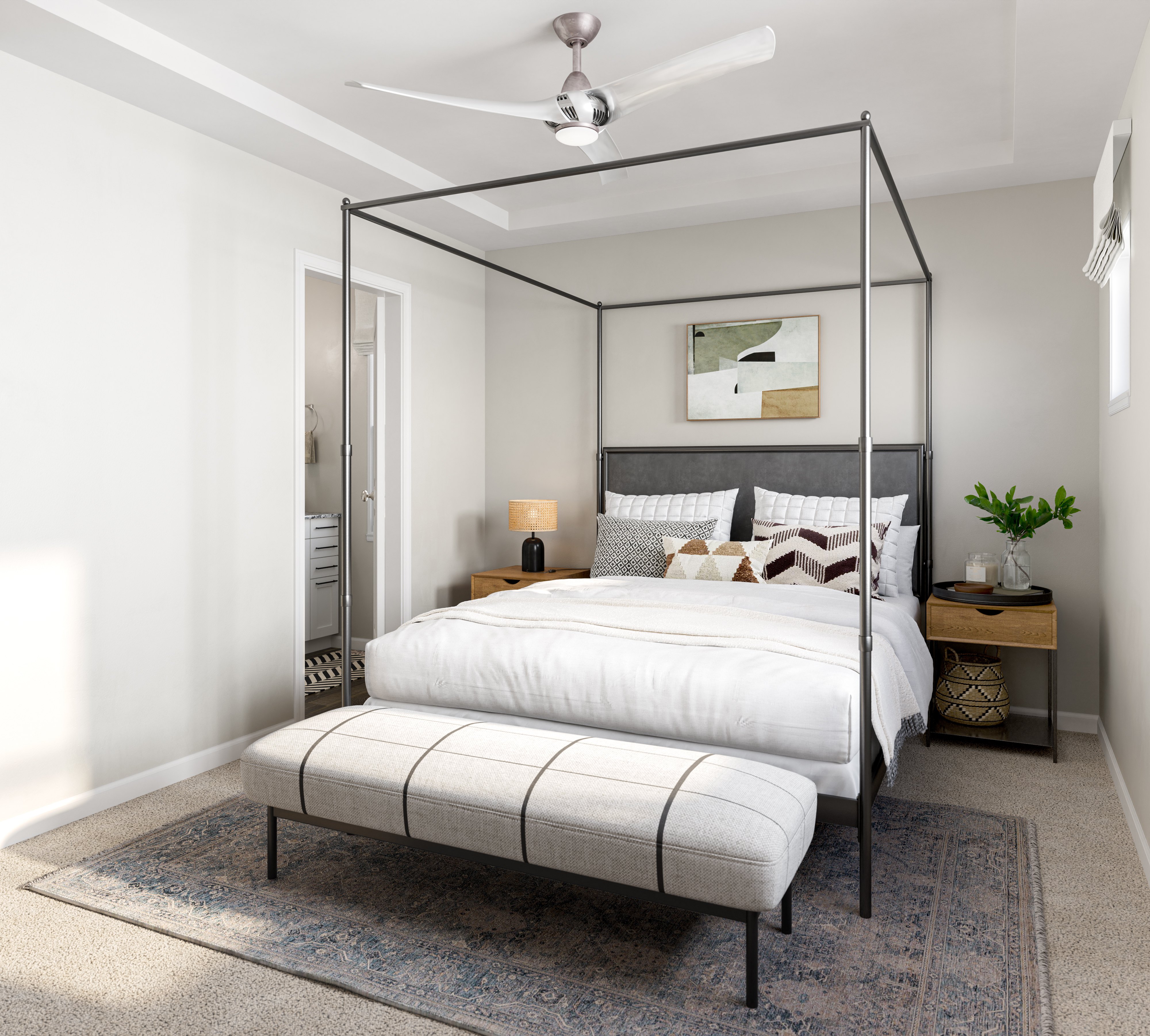 A four poster bed with a white comforter and a striped pillow.
